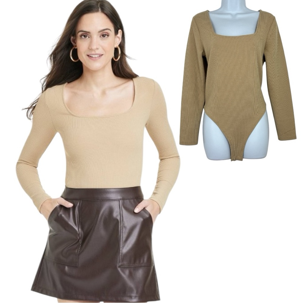 A New Day Beige Long Sleeve waffle knit Bodysuit Top L NWOT